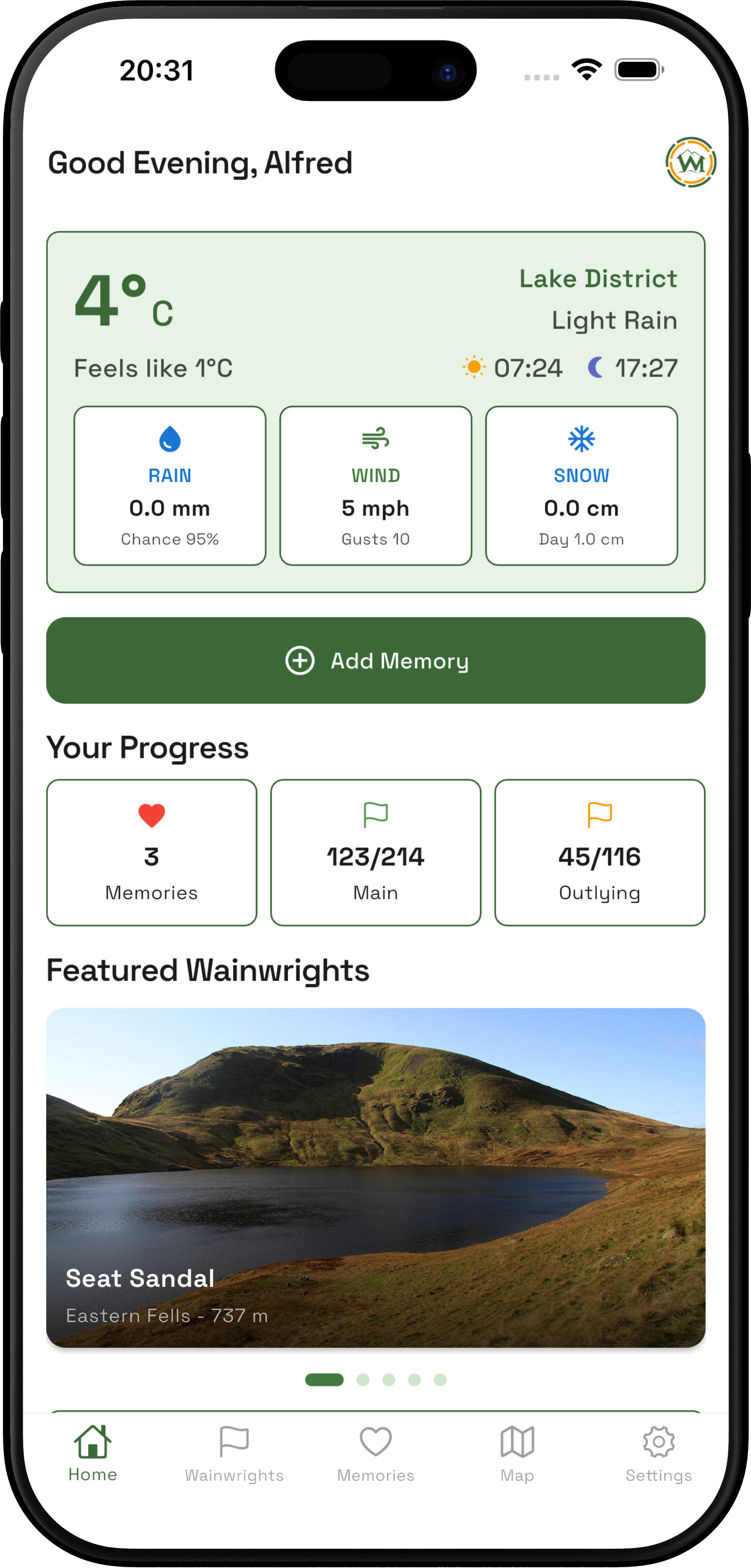 Home screen showing Lake District weather and featured fells